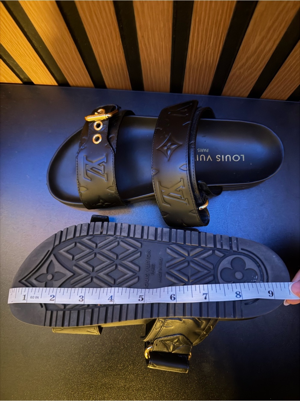 Louis Vuitton Black Embossed Monogram Double-Strap Slide Sandals - Picture 12 of 15